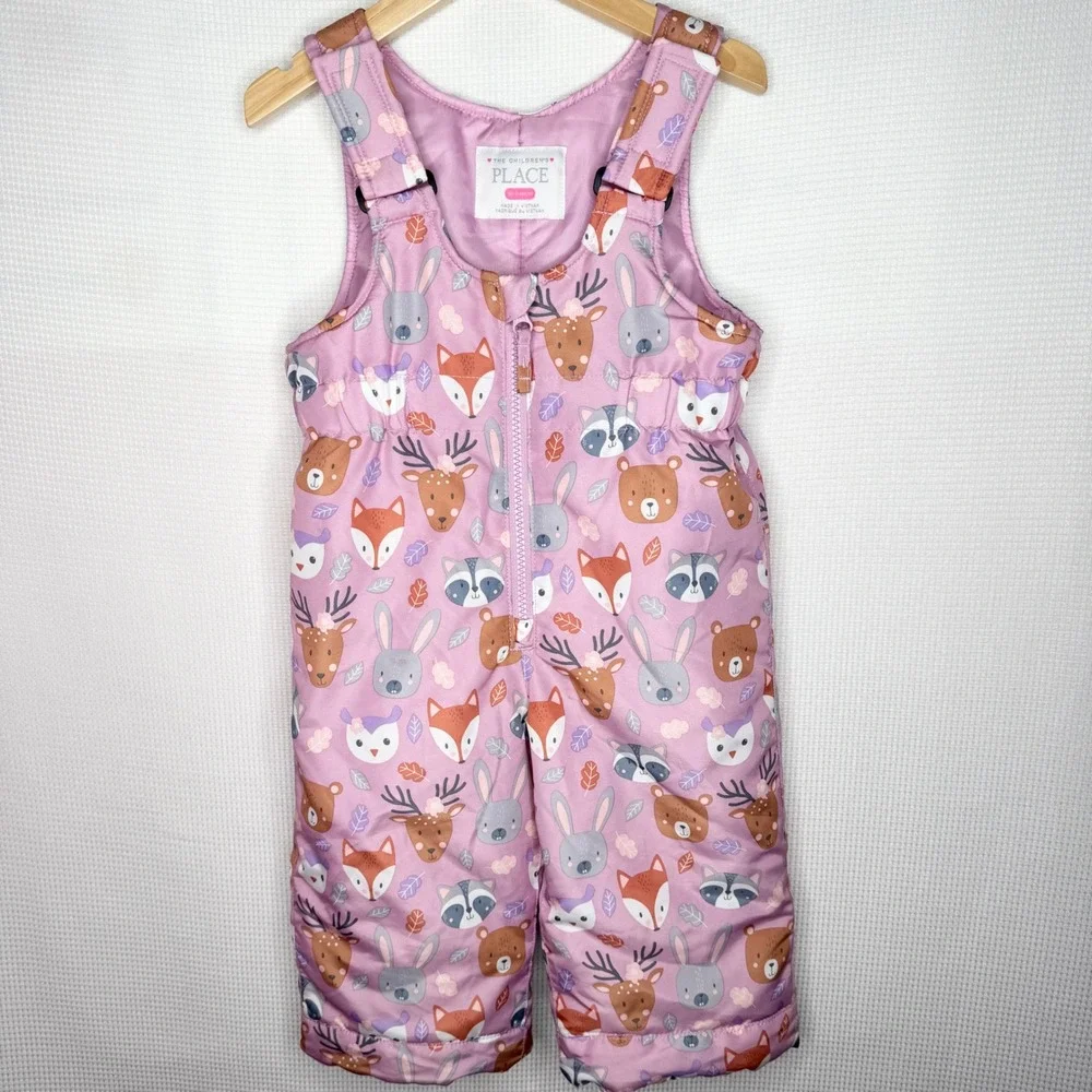 The Childrens Place Pink Woodland Animal Puffer Snow Bib Ski Pants 18-24M